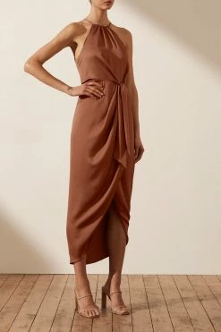 Shona Joy LUXE TIE FRONT SLEEVELESS MIDI DRESS - MOCHA