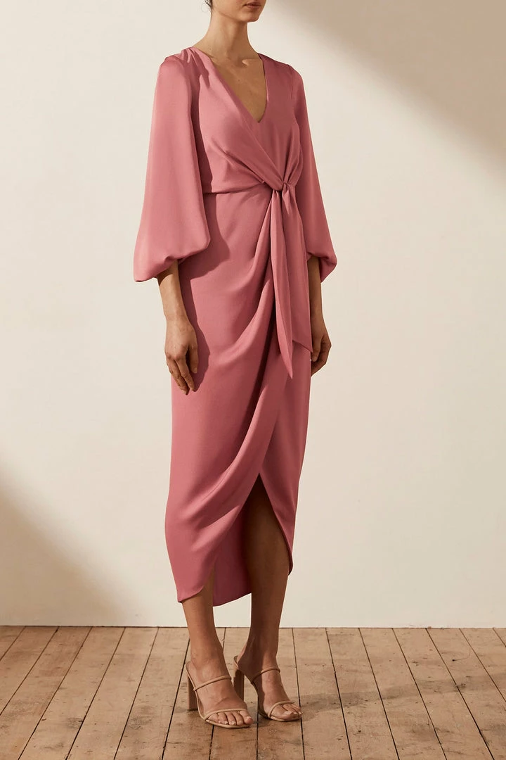 Shona Joy DRESSES LUXE TIE FRONT BALLOON SLEEVE MIDI DRESS - ROSE