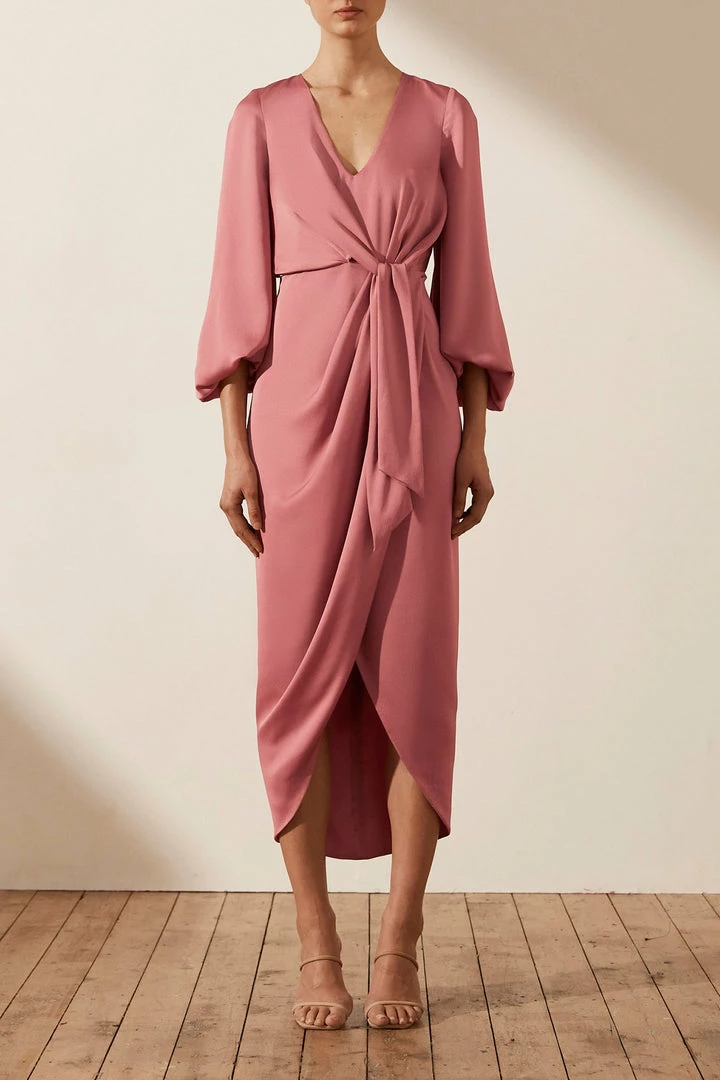 Shona Joy DRESSES LUXE TIE FRONT BALLOON SLEEVE MIDI DRESS - ROSE