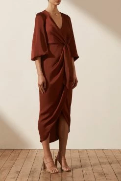 Shona Joy LUXE TIE FRONT BALLOON SLEEVE MIDI DRESS - SANGRIA