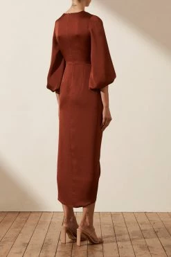 Shona Joy LUXE TIE FRONT BALLOON SLEEVE MIDI DRESS - SANGRIA