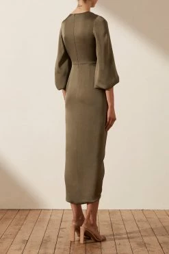 Shona Joy LUXE TIE FRONT BALLOON SLEEVE MIDI DRESS - PINE