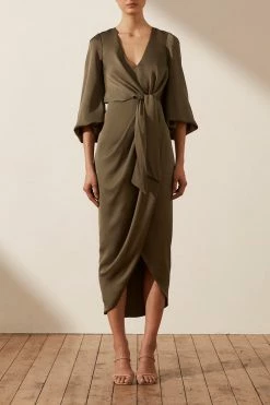 Shona Joy LUXE TIE FRONT BALLOON SLEEVE MIDI DRESS - PINE