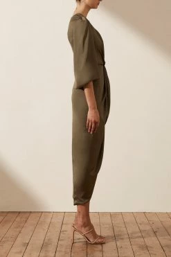Shona Joy LUXE TIE FRONT BALLOON SLEEVE MIDI DRESS - PINE