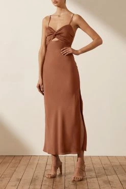 Shona Joy LUXE TWIST FRONT SLEEVELESS MIDI DRESS - MOCHA