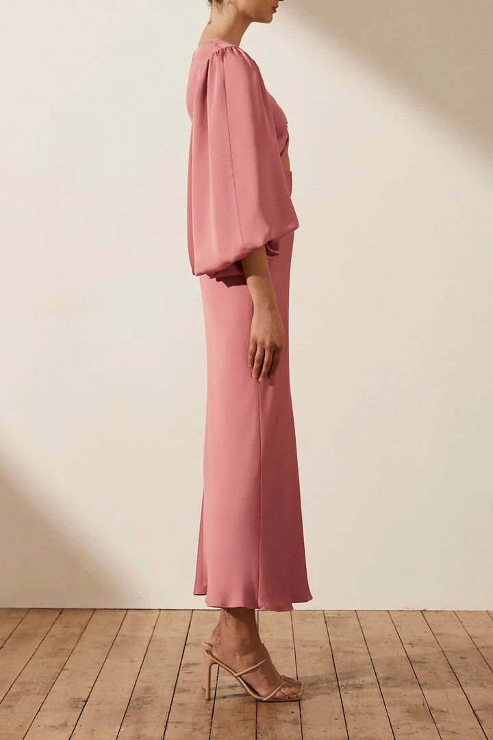Shona Joy DRESSES LUXE TWIST FRONT BALLOON SLEEVE MIDI DRESS - ROSE