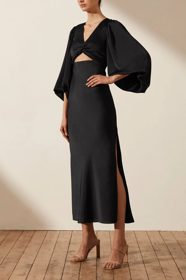 Shona Joy LUXE TWIST FRONT BALLOON SLEEVE MIDI DRESS - ONYX DRESSES