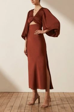 Shona Joy LUXE TWIST FRONT BALLOON SLEEVE MIDI DRESS - SANGRIA