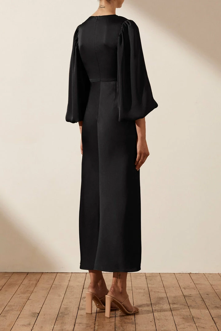 Shona Joy LUXE TWIST FRONT BALLOON SLEEVE MIDI DRESS - ONYX DRESSES