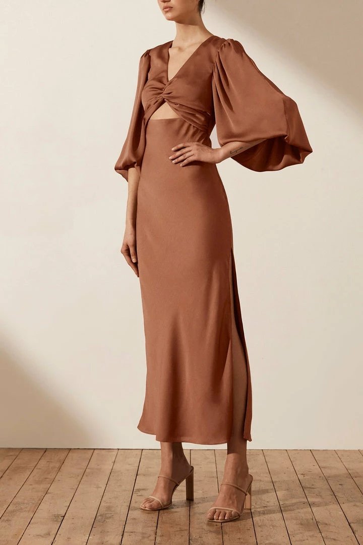 Shona Joy DRESSES LUXE TWIST FRONT BALLOON SLEEVE MIDI DRESS - MOCHA