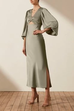 Shona Joy DRESSES LUXE TWIST FRONT BALLOON SLEEVE MIDI DRESS - EUCALYPTUS
