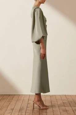 Shona Joy DRESSES LUXE TWIST FRONT BALLOON SLEEVE MIDI DRESS - EUCALYPTUS