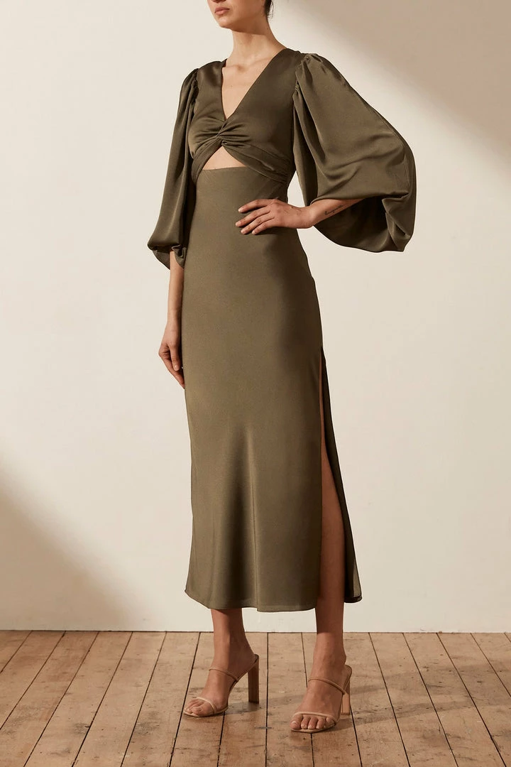 Shona Joy DRESSES LUXE TWIST FRONT BALLOON SLEEVE MIDI DRESS - PINE