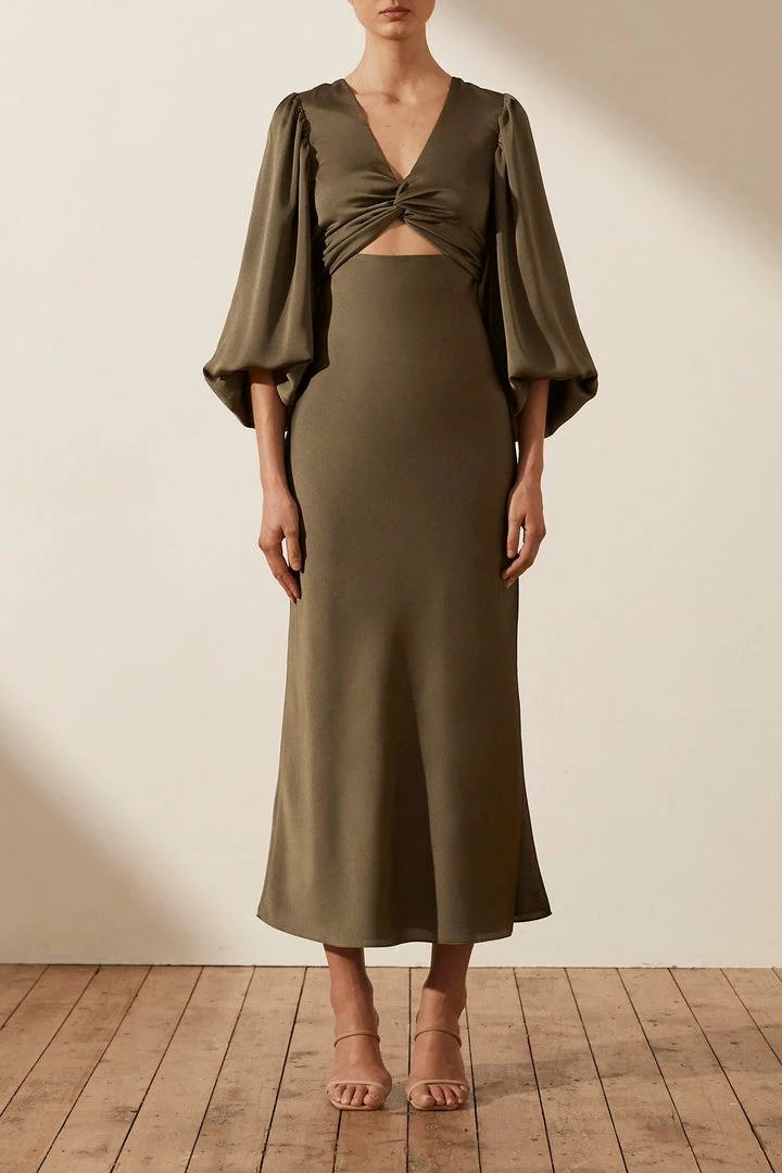 Shona Joy DRESSES LUXE TWIST FRONT BALLOON SLEEVE MIDI DRESS - PINE