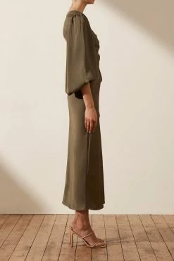 Shona Joy DRESSES LUXE TWIST FRONT BALLOON SLEEVE MIDI DRESS - PINE