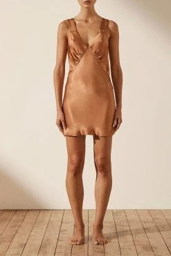 Shona Joy LA LUNE LOUNGE PLUNGED SLIP DRESS - COPPER
