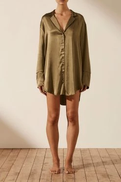 Shona Joy LA LUNE LOUNGE SHIRT DRESS - WARM OLIVE DRESSES