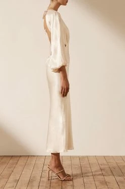 Shona Joy DRESSES LA LUNE OPEN BACK BALLOON SLEEVE MIDI DRESS - CREAM