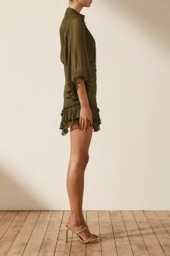 Shona Joy IRIS BUTTON UP RUCHED MINI DRESS - CUMIN