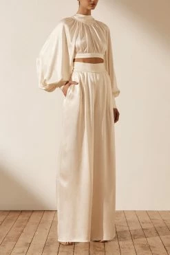 Shona Joy LA LUNE HIGH NECK TIE UP CROP TOP - CREAM TOPS