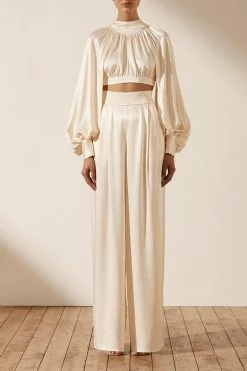 Shona Joy LA LUNE HIGH NECK TIE UP CROP TOP - CREAM TOPS