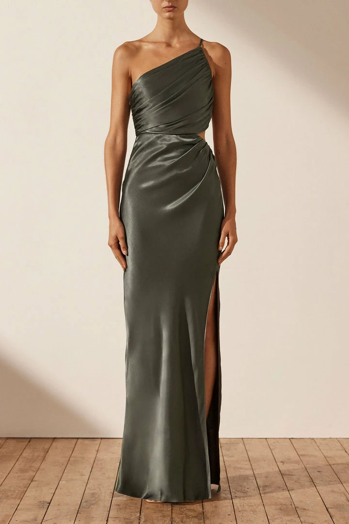 Shona Joy LA LUNE ASYMMETRICAL GATHERED MAXI DRESS - OLIVE DRESSES