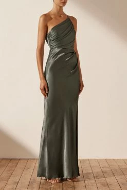 Shona Joy LA LUNE ASYMMETRICAL GATHERED MAXI DRESS - OLIVE DRESSES