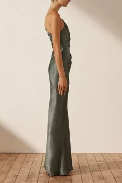 Shona Joy LA LUNE ASYMMETRICAL GATHERED MAXI DRESS - OLIVE DRESSES