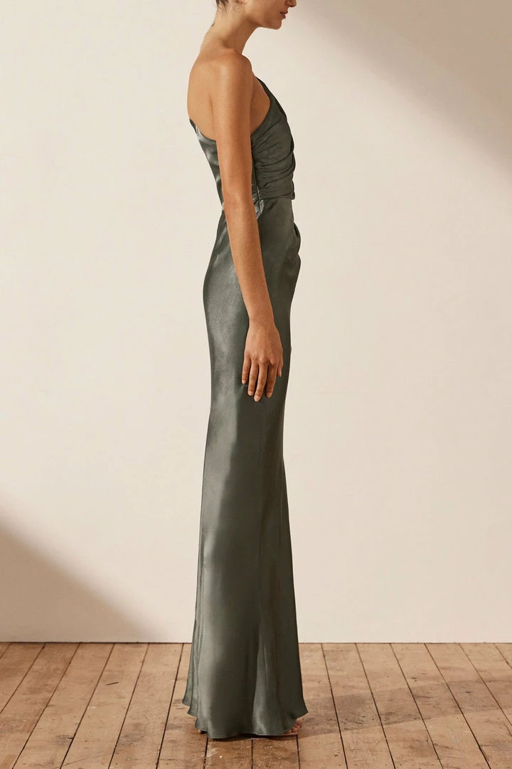 Shona Joy LA LUNE ASYMMETRICAL GATHERED MAXI DRESS - OLIVE DRESSES