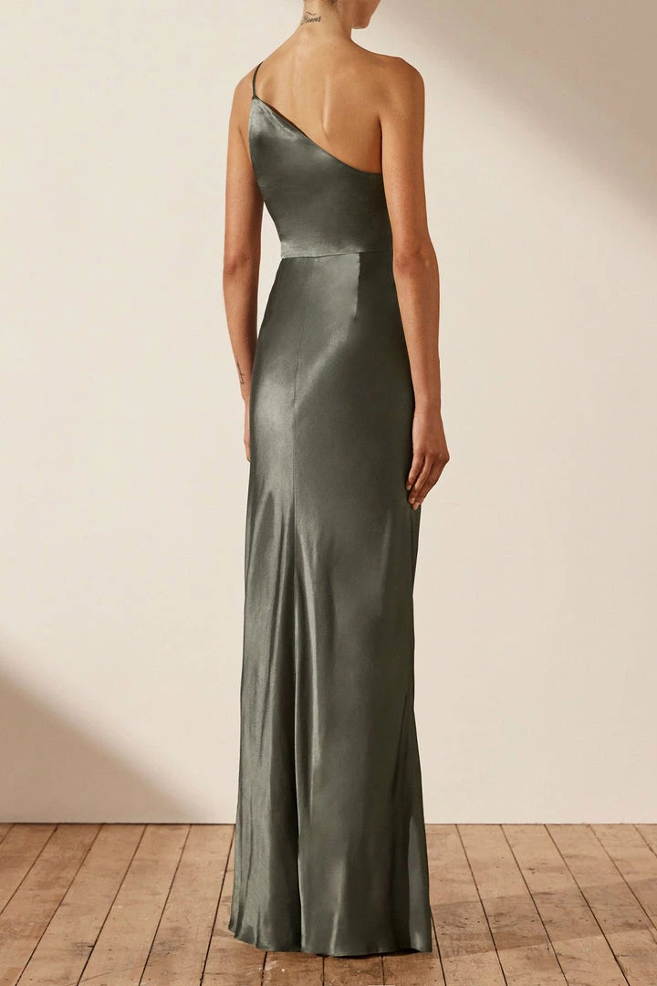 Shona Joy LA LUNE ASYMMETRICAL GATHERED MAXI DRESS - OLIVE DRESSES