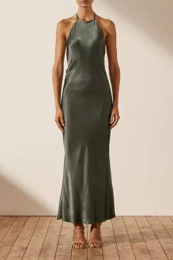 Shona Joy LA LUNE LOW BACK HALTER NECK MIDI DRESS - OLIVE