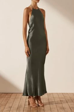 Shona Joy LA LUNE LOW BACK HALTER NECK MIDI DRESS - OLIVE
