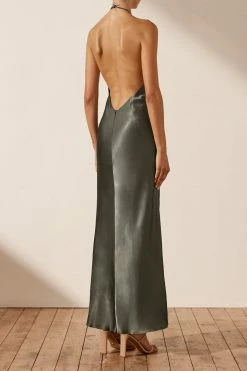 Shona Joy LA LUNE LOW BACK HALTER NECK MIDI DRESS - OLIVE