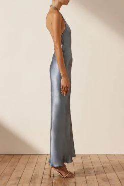 Shona Joy LA LUNE LOW BACK HALTER NECK MIDI DRESS - BLUE SMOKE DRESSES
