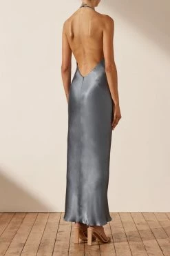 Shona Joy LA LUNE LOW BACK HALTER NECK MIDI DRESS - BLUE SMOKE DRESSES