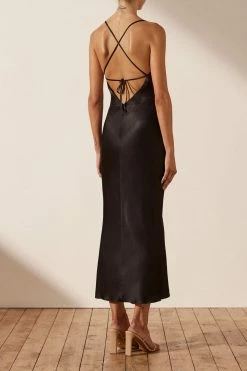 Shona Joy DRESSES LA LUNE ASYMMETRICAL BIAS COWL MIDI DRESS - BLACK