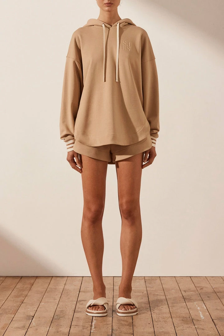 Shona Joy TOPS SJ LOGO CURVED HEM HOODIE - TAN