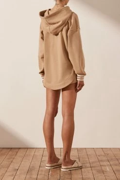 Shona Joy TOPS SJ LOGO CURVED HEM HOODIE - TAN