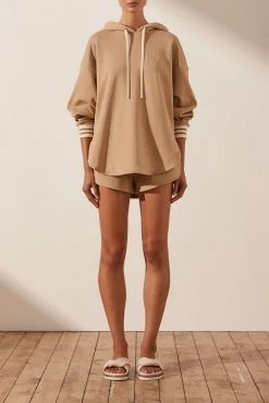 Shona Joy TOPS SJ LOGO CURVED HEM HOODIE - TAN