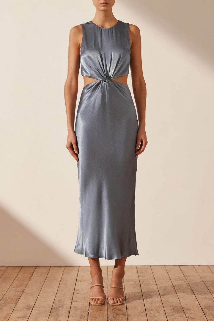 Shona Joy GIORGIA TWIST FRONT SLEEVELESS MIDI DRESS - BLUE SMOKE DRESSES