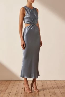 Shona Joy GIORGIA TWIST FRONT SLEEVELESS MIDI DRESS - BLUE SMOKE DRESSES