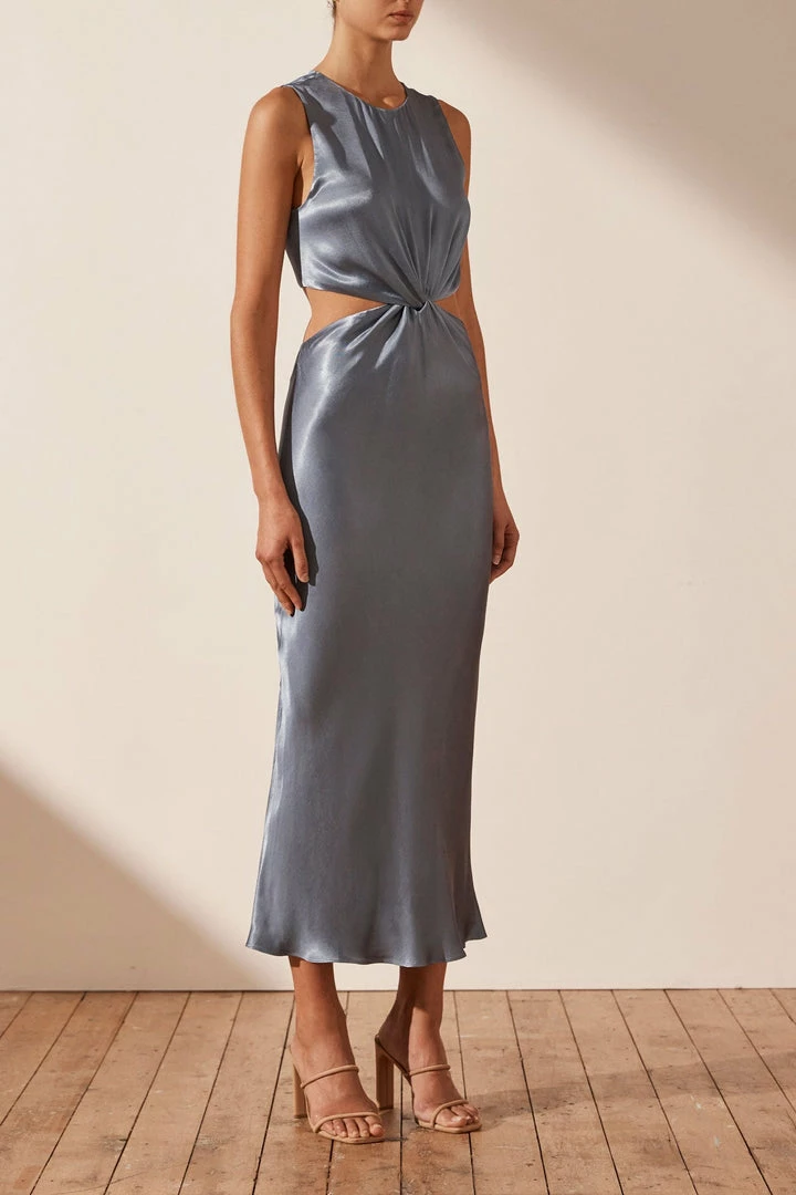 Shona Joy GIORGIA TWIST FRONT SLEEVELESS MIDI DRESS - BLUE SMOKE DRESSES