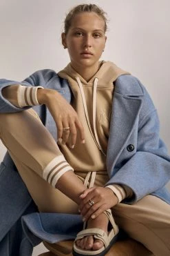 Shona Joy TOPS SJ LOGO CURVED HEM HOODIE - TAN