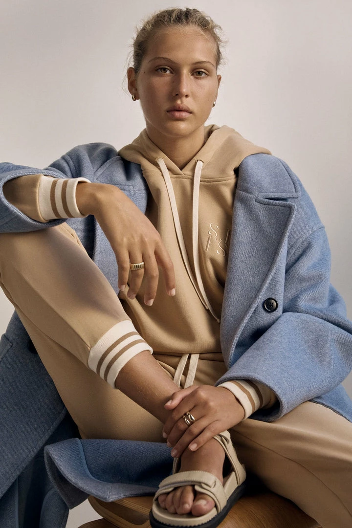 Shona Joy TOPS SJ LOGO CURVED HEM HOODIE - TAN