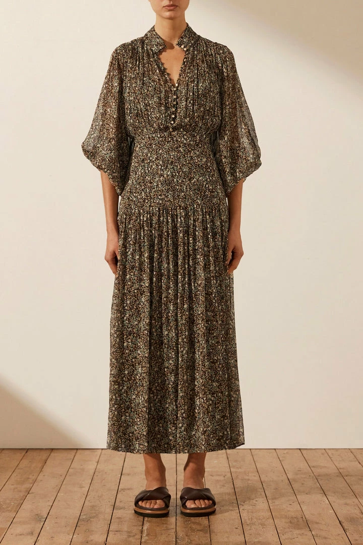 Shona Joy ADELINE BUTTON UP RUCHED MIDI DRESS