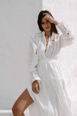 Shona Joy ADRIANA LINEN LONG SLEEVE MIDI DRESS - RICE DRESSES