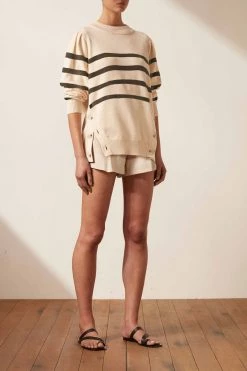 Shona Joy ANGELA SIDE BUTTON JUMPER - CREAM/FOREST TOPS