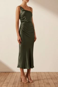 Shona Joy GIORGIA ASYMMETRICAL BIAS COWL MIDI DRESS - FOREST DRESSES