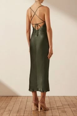 Shona Joy GIORGIA ASYMMETRICAL BIAS COWL MIDI DRESS - FOREST DRESSES