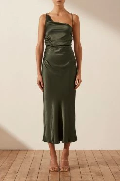 Shona Joy GIORGIA ASYMMETRICAL BIAS COWL MIDI DRESS - FOREST DRESSES